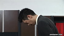 Sweet office lady with sensual lips, Emiri Mizukawa gave a blowjob to her boss, while they were alone in his office and enjoyed the way he was toying her wet pussy to please her.